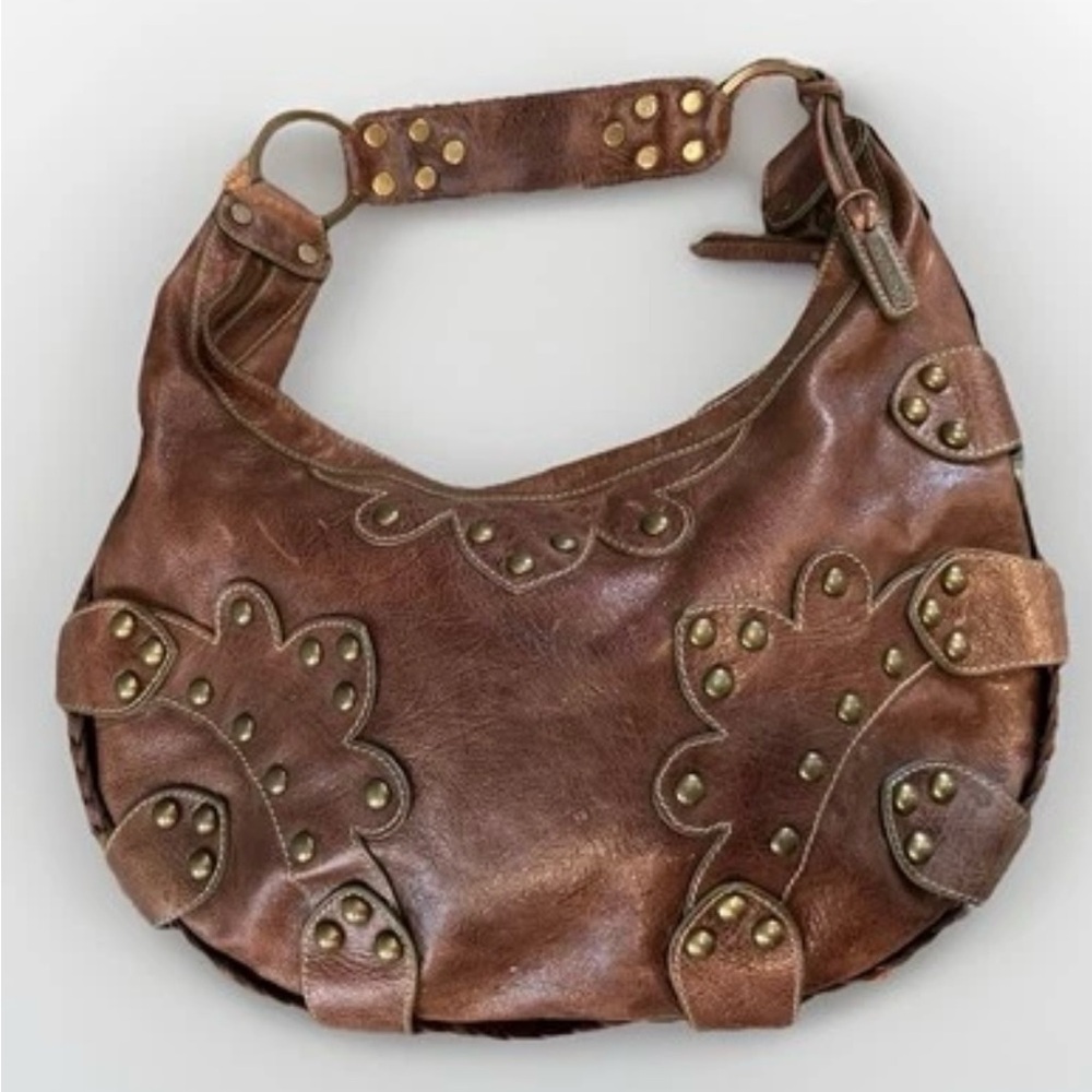 Isabella Fiore Oasis Distressed Brown Leather Hobo Bag with Studded Details